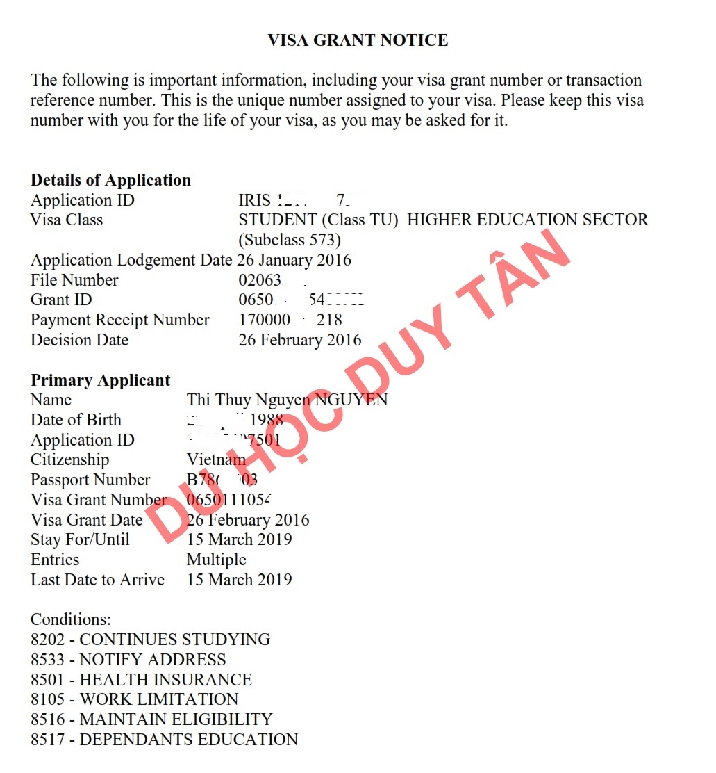 Du học Úc - Chúc mừng Nguyễn Thị Thùy Nguyên đã được cấp visa 573!